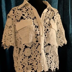 Alice Blue White Crochet Lace Button-Down Shirt
